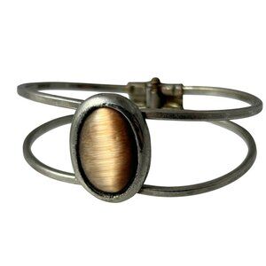 Silver Tone Cats Eye Hinged Cuff Bracelet Modernist Brown Cabochon